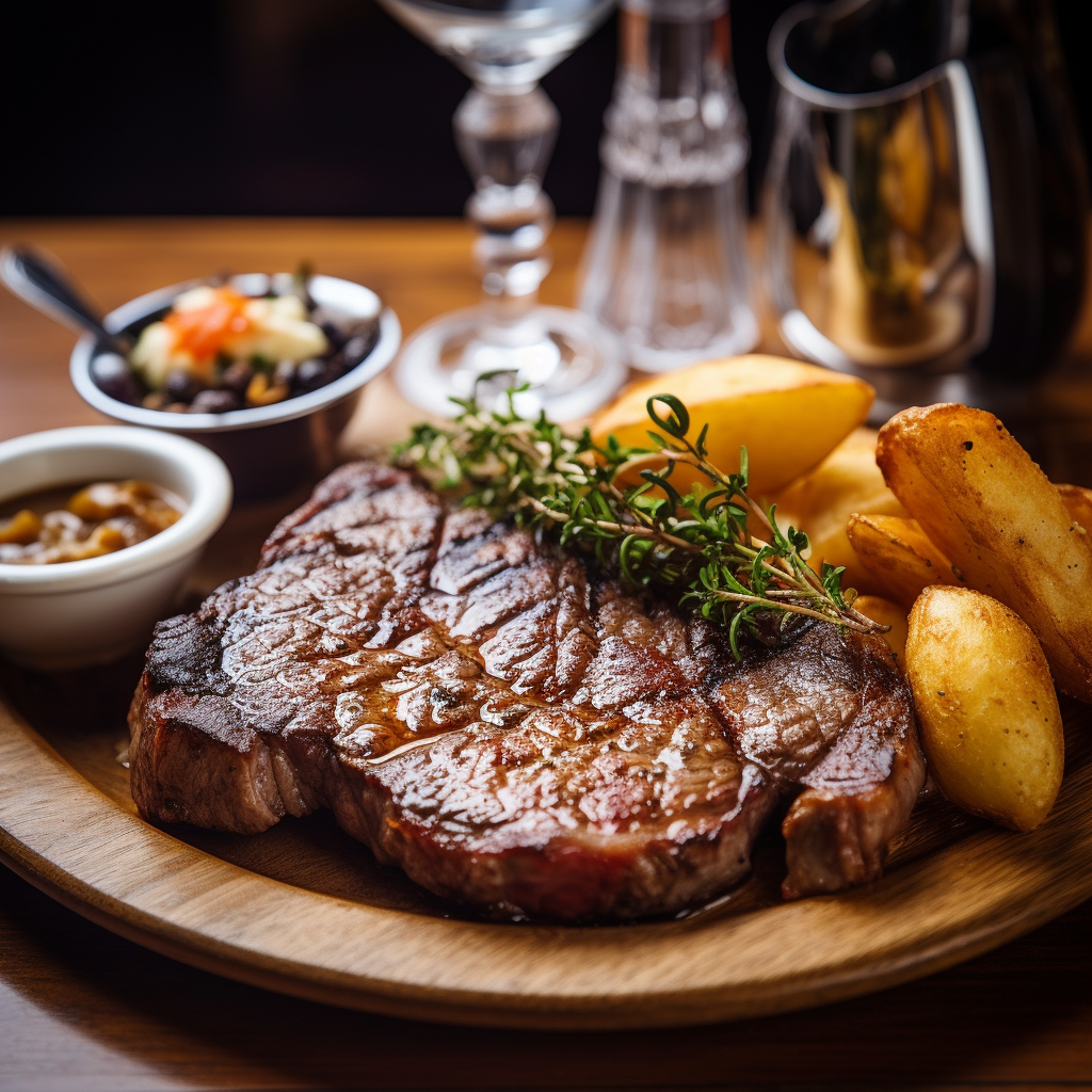 Prime Beef Cuts served on a wooden plate with potatoes and a glass of wine.