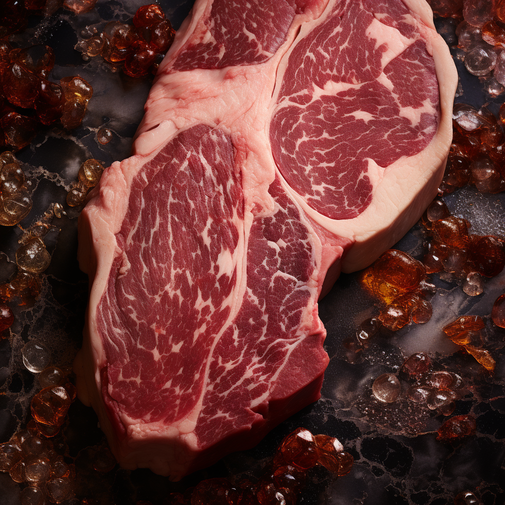 A marbled piece of beef is sitting on a black surface.