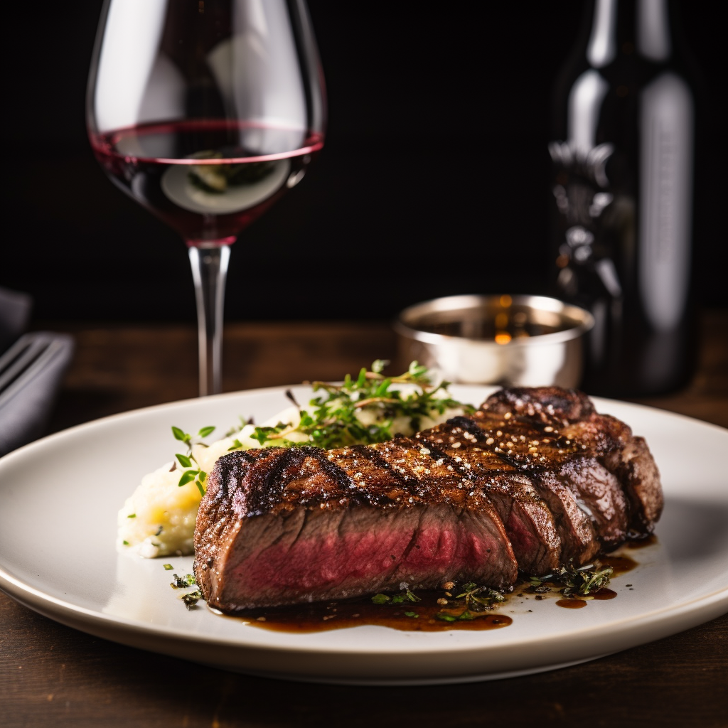  An expensive steak on a plate in a fine restaurant with a glass of wine