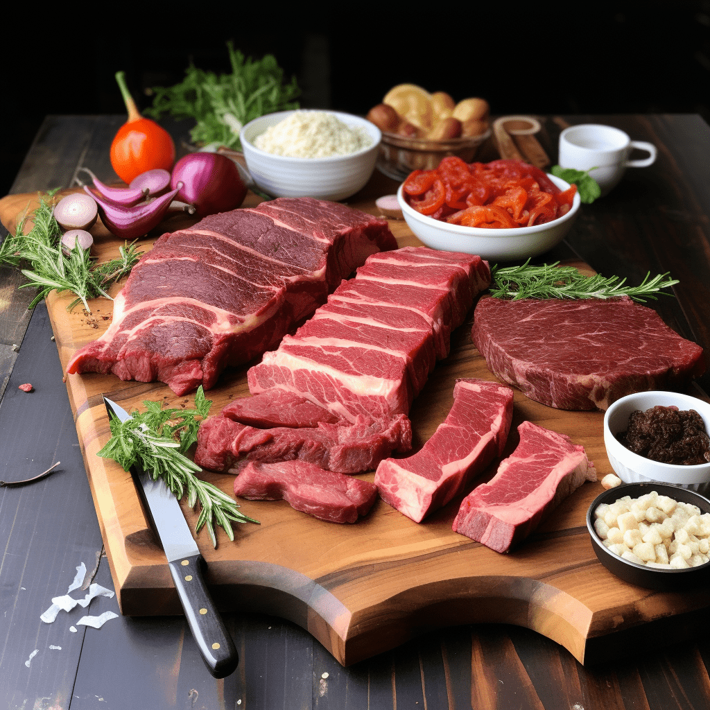 The Whole Beef displayed in cuts of stea, ground beef, ribs, roasts, and spices on a butcher block table