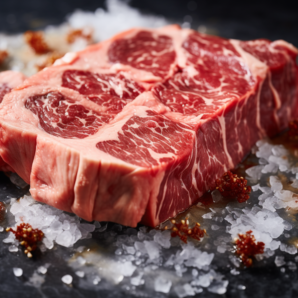 A marbled beef steak is elegantly presented on a bed of ice, creating a visually stunning culinary art.