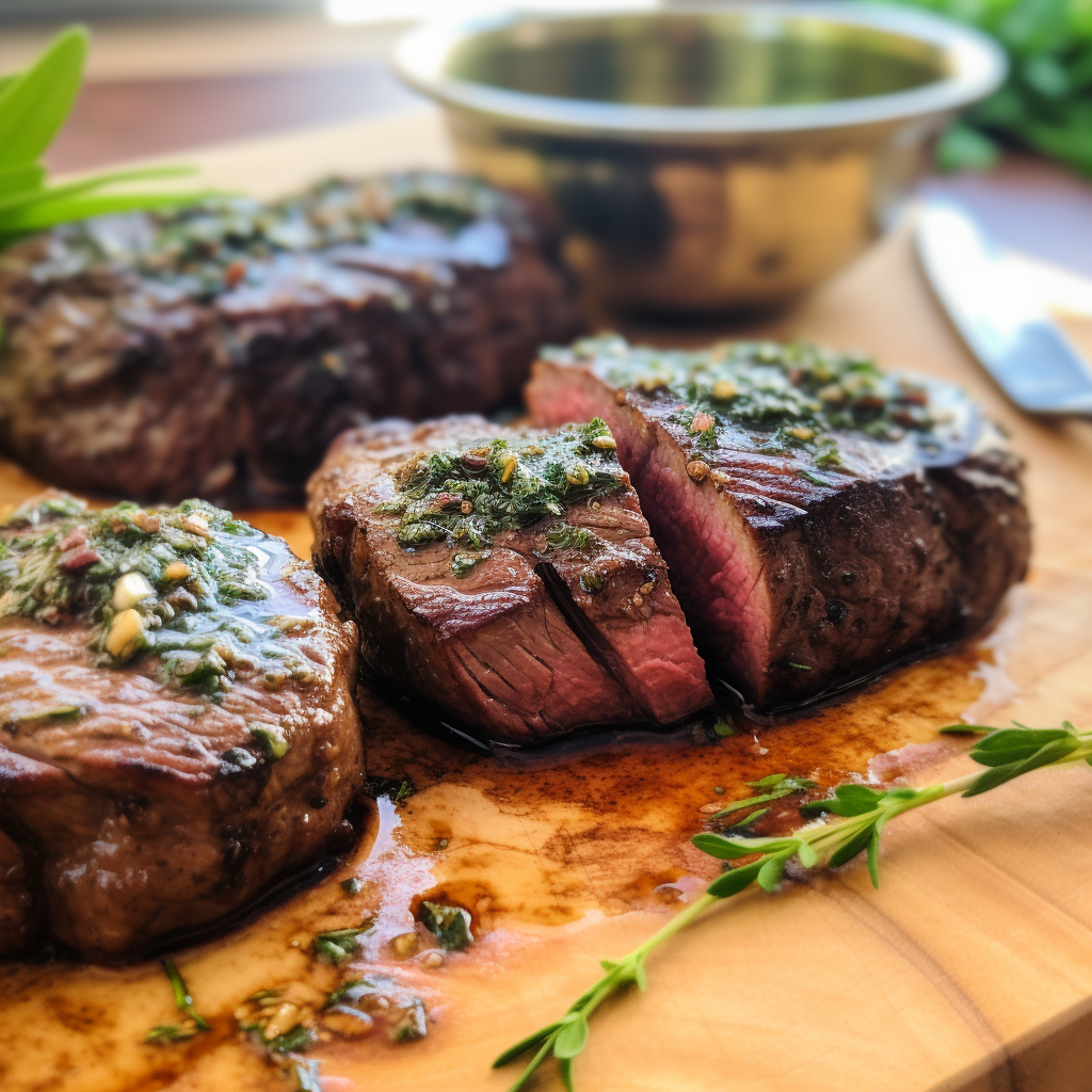 Prime beef cuts - three steaks on a cutting board with herbs.