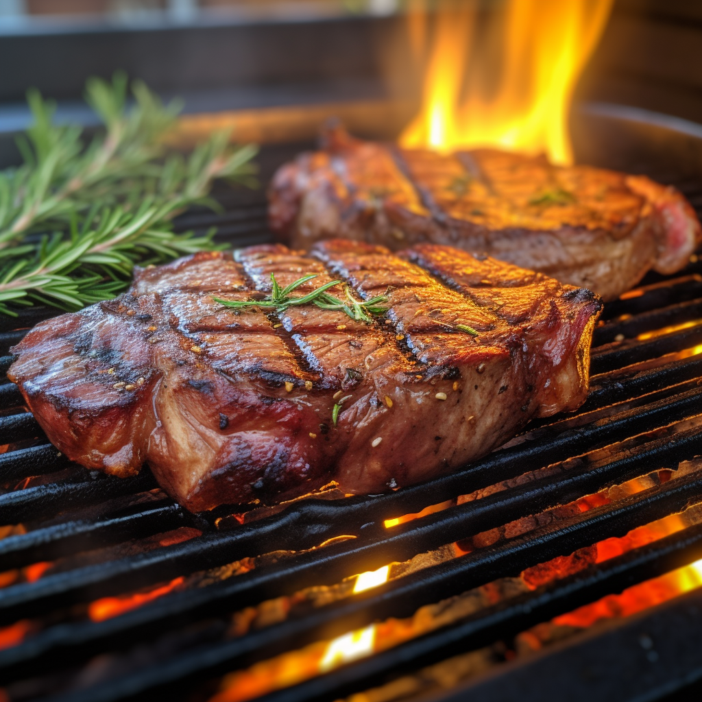 Two ribeye steaks grilling over flames.
