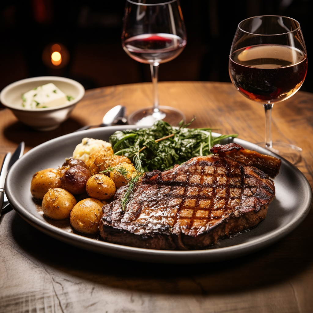 A ribeye steak on a plate with potatoes and wine.