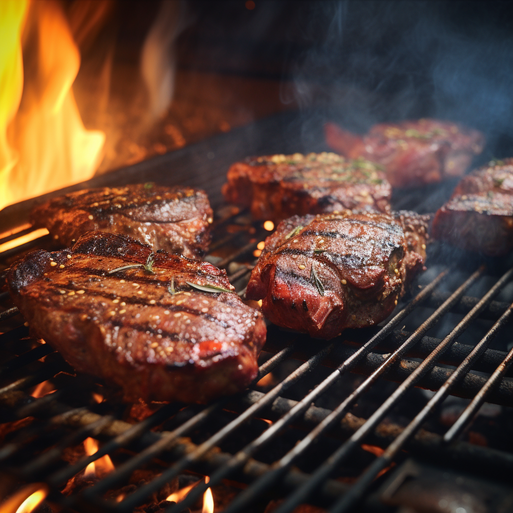 Creating edible art by grilling marbled beef steaks over engulfing flames.