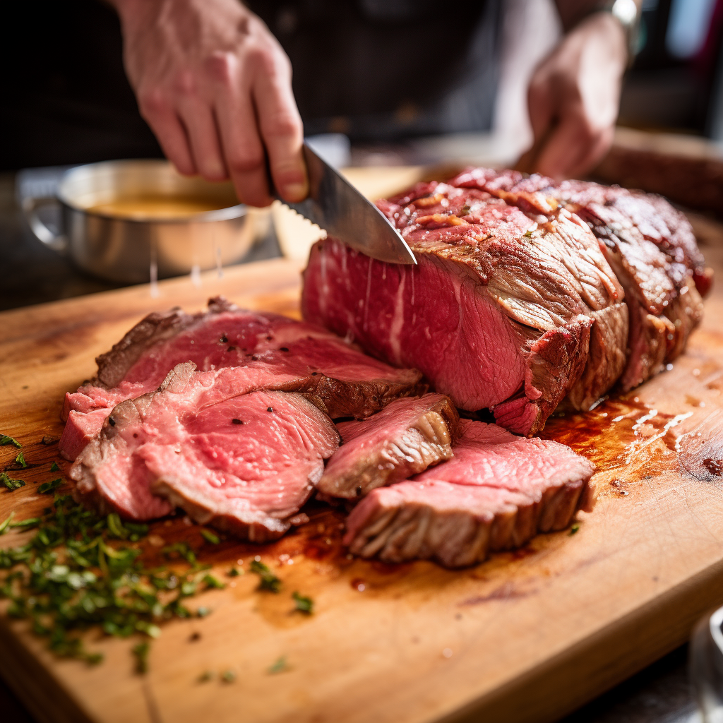 A person expertly slicing prime beef cuts on a cutting board.