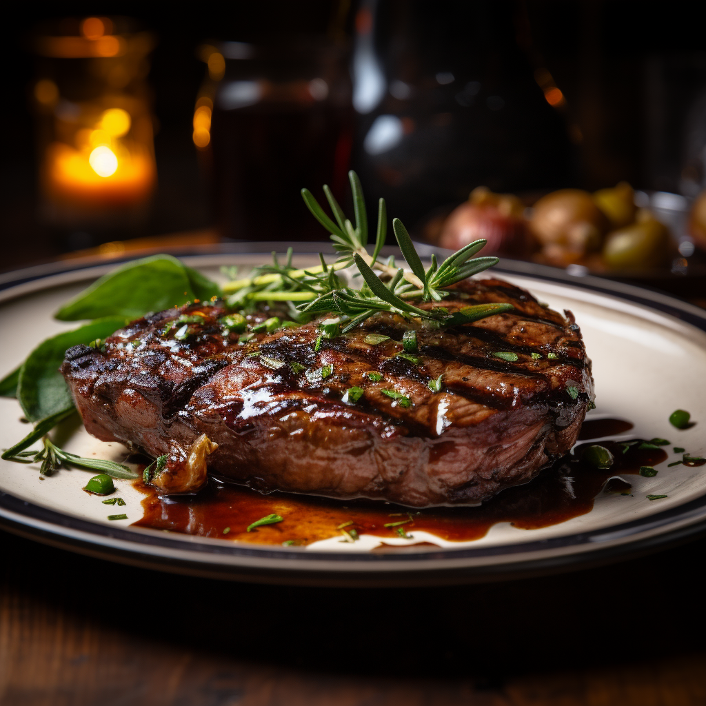 A ribeye steak on a plate with rosemary.