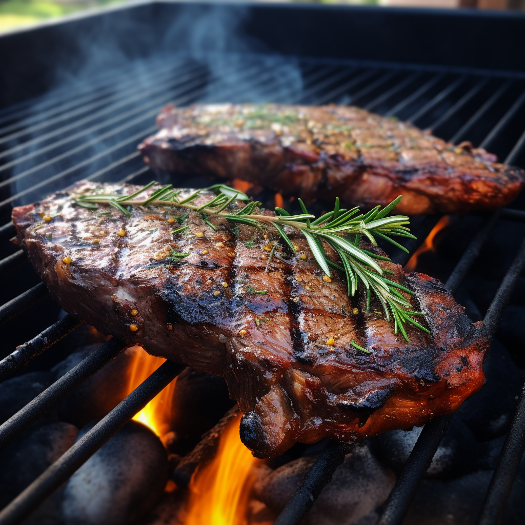 Two ribeye steaks on a grill with rosemary sprigs.