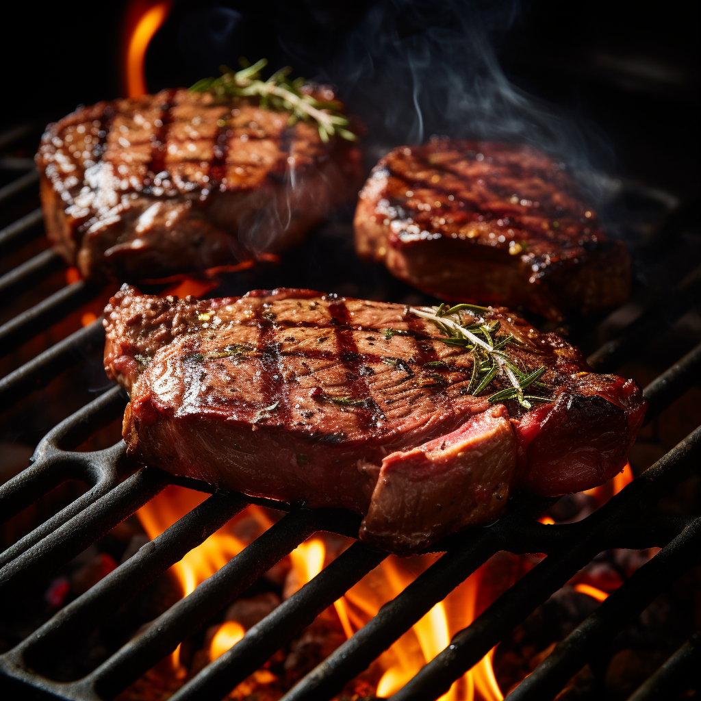Artfully marbled beef sizzling on a grill with flames.