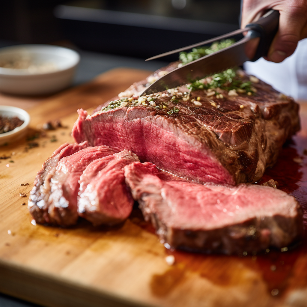 A person expertly slicing a prime piece of steak on a cutting board.