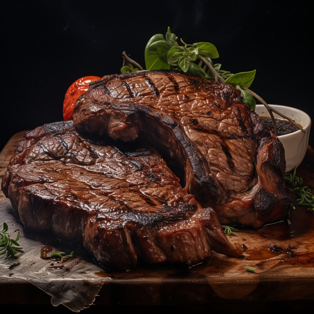  Two Ribeyes a steak known for heavy marbling cooked and displayed on a cutting board.png