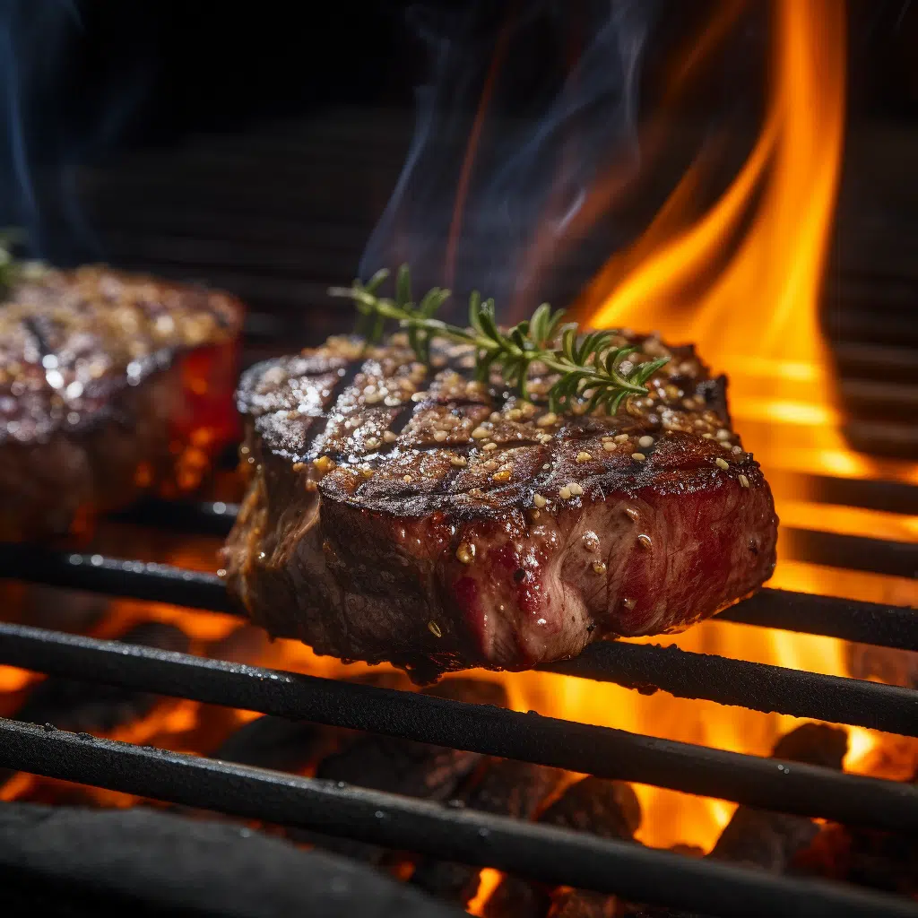 Two steaks ordered online from We Speak Meat being cooked on a customers grill over hot coals