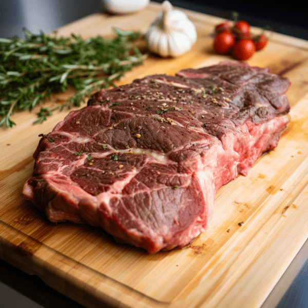 7-bone steak raw on a cutting board being seasoned for the grill
