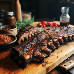 Beef Back Ribs On A Cutting Board with Seasoning being prepared by a master chef