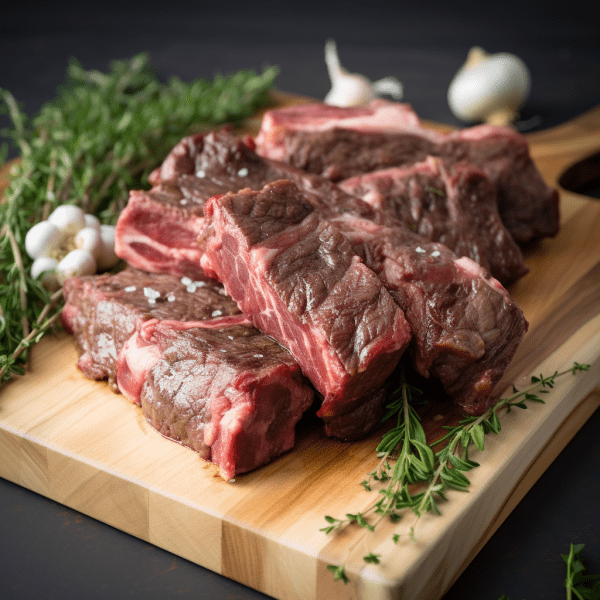 Beef Short Ribs (1lb) on a wooden cutting board with herbs and garlic.