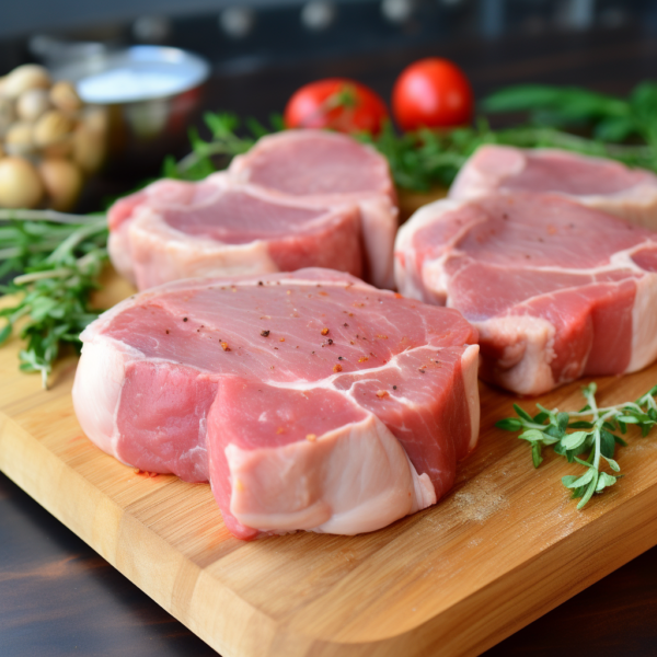 Pork chops on a cutting board with Pork Chops Boneless (1lb), herbs, and tomatoes.