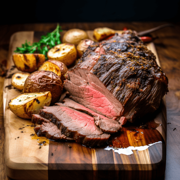 A Chuck Roast with potatoes and vegetables on a wooden cutting board.