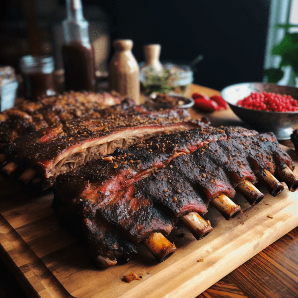 Beef Back Ribs (1lb) on a wooden cutting board.