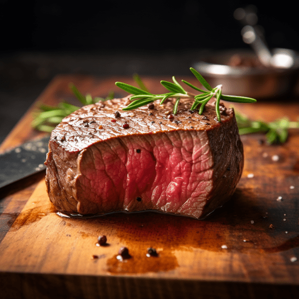 Filet Mignon Cooked to a perfect medium on a cutting board showing the inside of the steak
