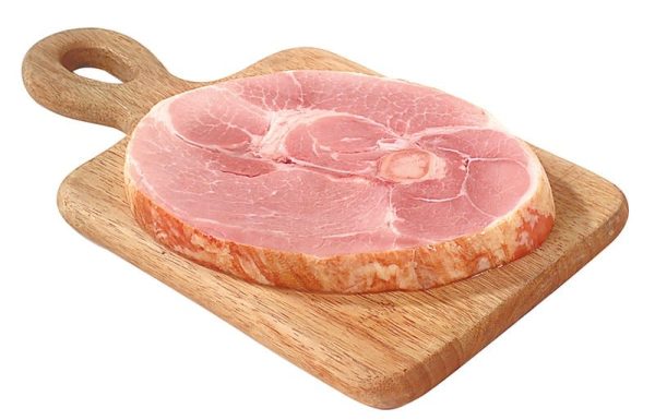 White background with a Fresh Ham Steak (1lb) on a cutting board.