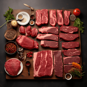 Various cuts of meat on a cutting board, including Half Beef - Box Weight