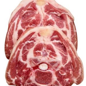 Two pieces of Lamb Neck Chops (1lb) for sale, neatly arranged on a white background by the We Speak Meat Company.