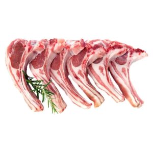 A row of Lamb Rib Chops (1lb) on a white background available for purchase from We Speak Meat Company.