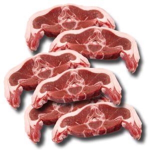 Six pieces of Lamb Saddle Chops (1lbs) are shown on a white background. Buy Lamb Saddle Chops (1lbs) online now.