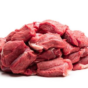 Lamb Stew Meat (1lb) for sale, a pile of raw meat on a white background.
