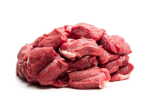 Lamb Stew Meat (1lb) for sale, a pile of raw meat on a white background.