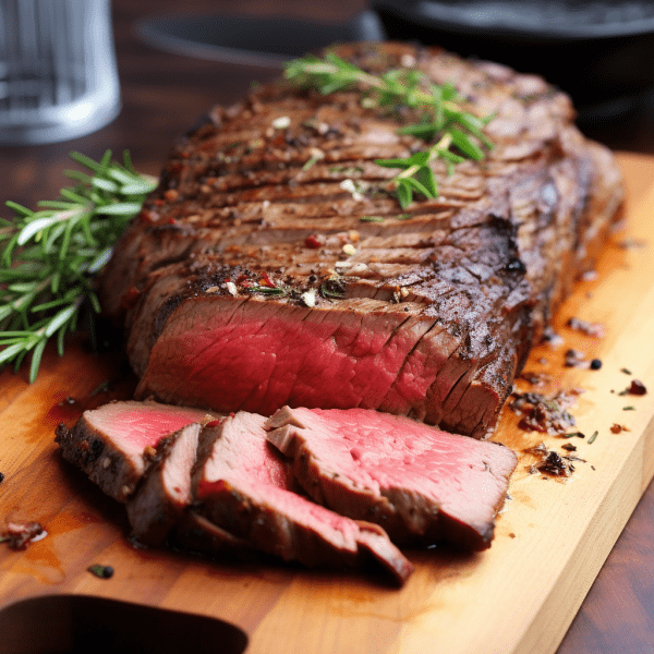 A perfectly cooked London Broil Roast on a wooden cutting board.