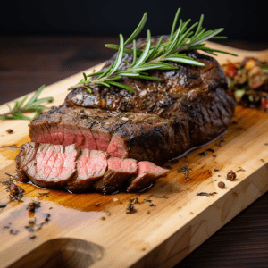 A Petite Sirloin Steak (1lb) on a wooden cutting board with rosemary sprigs.