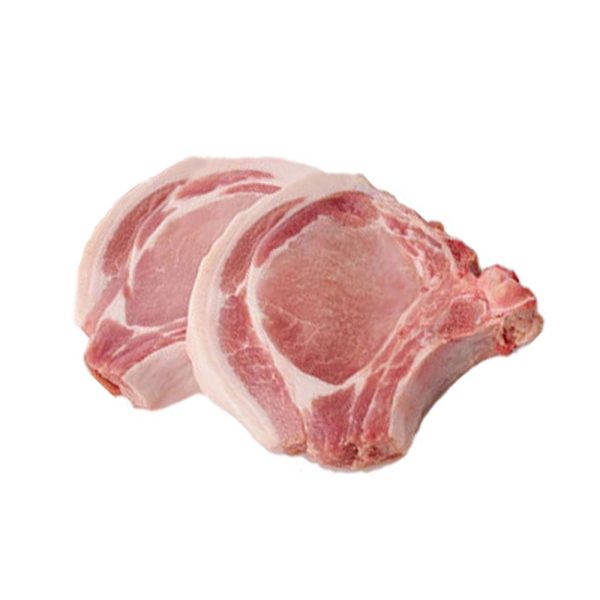 Two Pork Rib Chops (1lb) on a white background offered by We Speak Meat Company.
