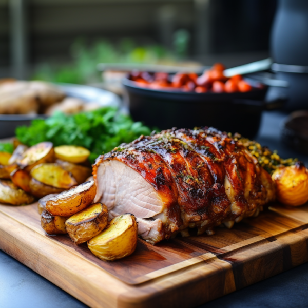 A Pork Picnic Roast (1lb) with potatoes and carrots on a cutting board.