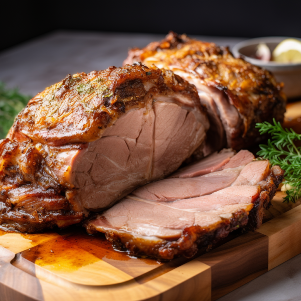 Pork shoulder roast (1lb) on a wooden cutting board.