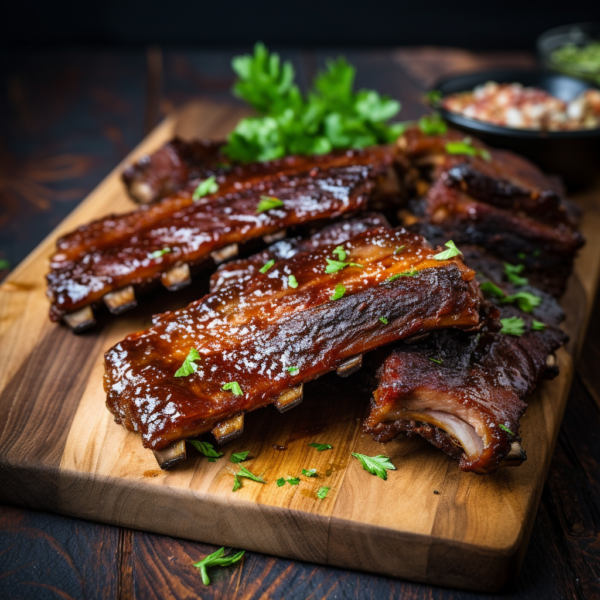 Pork Spare Ribs on a wooden cutting board.