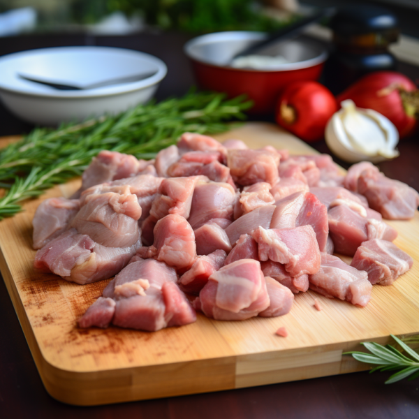 Raw pork stew meat on a wooden cutting board.