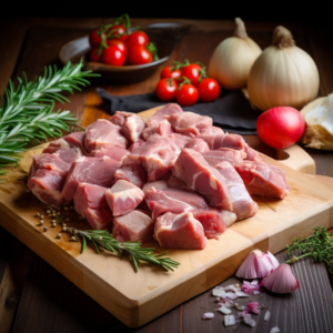 Raw Pork Stew Meat (1lb) on a cutting board with tomatoes, onions, and garlic.