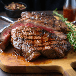 A Porterhouse Steak on a cutting board with herbs and spices.