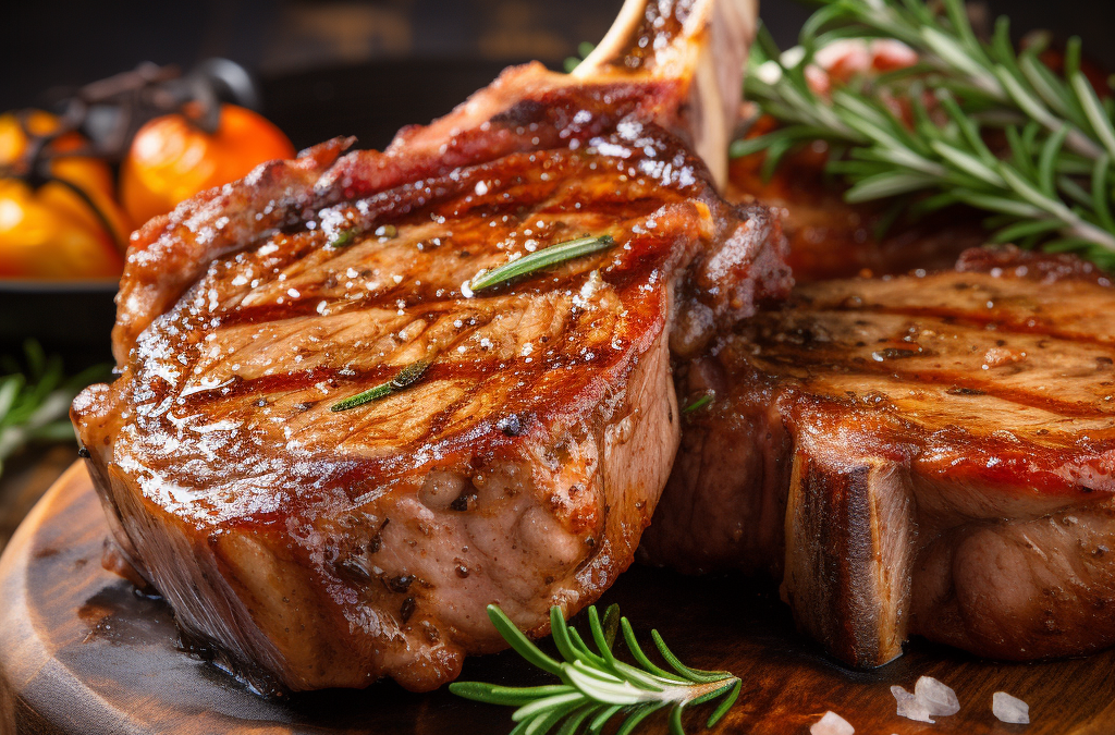 Grilled Pork Rib Chops (1lb) with rosemary and tomatoes on a wooden cutting board.