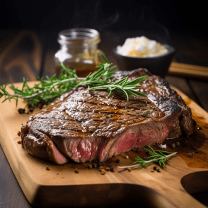 A Ribeye Steak or Cowgirl Steak (1lb) on a wooden cutting board with rosemary and garlic.