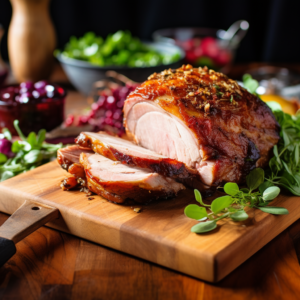 Pork Picnic Roast (1lb) on a cutting board with cranberries.