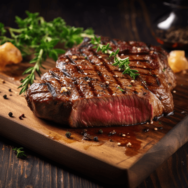 A Top Sirloin Steak (1lb) on a wooden cutting board.