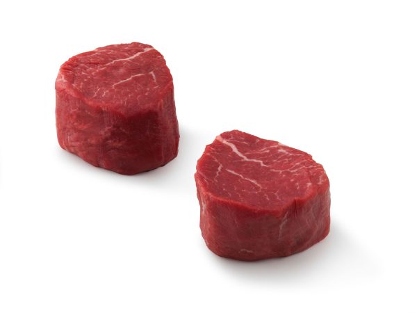 Two pieces of Filet Mignon Steak (1lb) for sale on a white background.