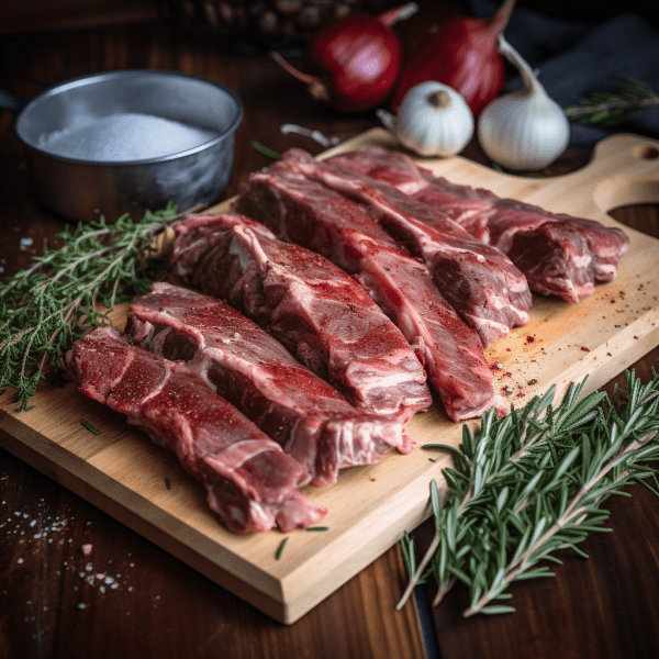 Cross Cut Ribs aka Short Ribs on a wooden cutting board with herbs and spices.