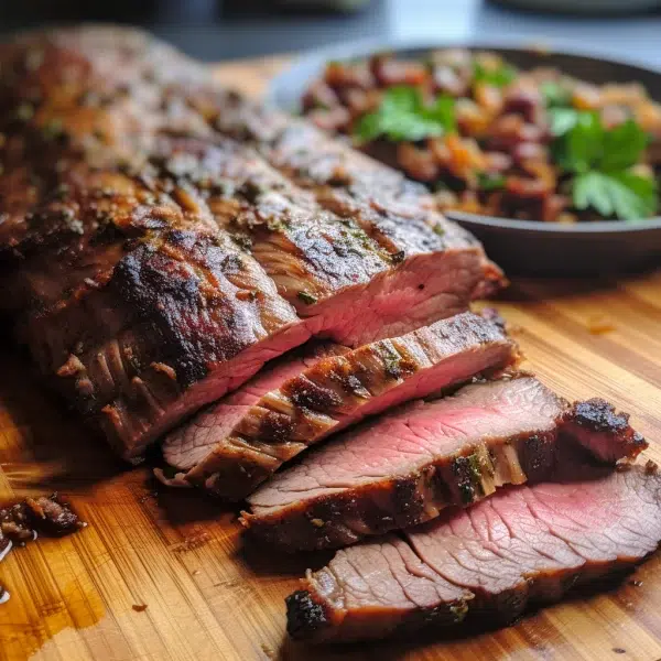 A [Tri-Tip Roast] on a cutting board next to a bowl of beans.