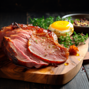A mouthwatering Breakfast Ham Steak (1lb) featuring a ham steak, weighing approximately 1lb, beautifully presented on a rustic wooden cutting board with a perfectly cooked egg delicately placed on top.