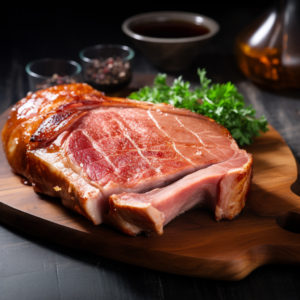 A Ham Steak (1lb) on a wooden cutting board.