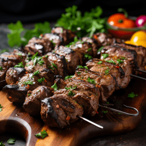 Grilled beef kebabs on a wooden cutting board.