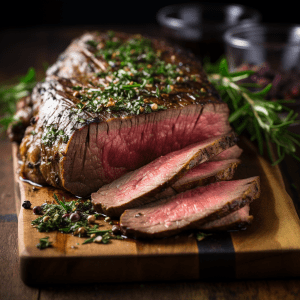 A juicy Beef Picanha Roast (1lb) on a rustic wooden cutting board.